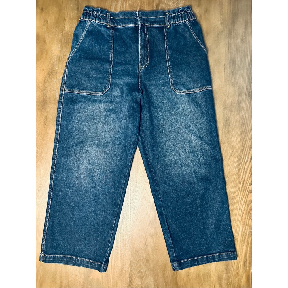 Time and Tru Women's Blue Denim Elastic Waist Wide Leg‎ Crop Jeans Size 14